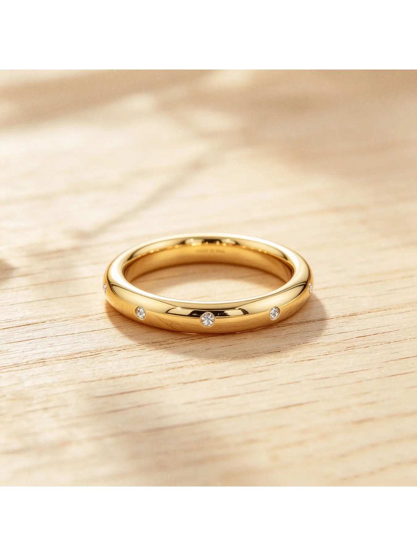 Polished Domed Gold Thin Band Scattered Tiny Stone Minimal Halo Ring Daily Stack Ring Luxury Engagement Ring Elegant Valentine Gift Dinner Party Ring for Couples Christmas New Year Gala Daily Wear