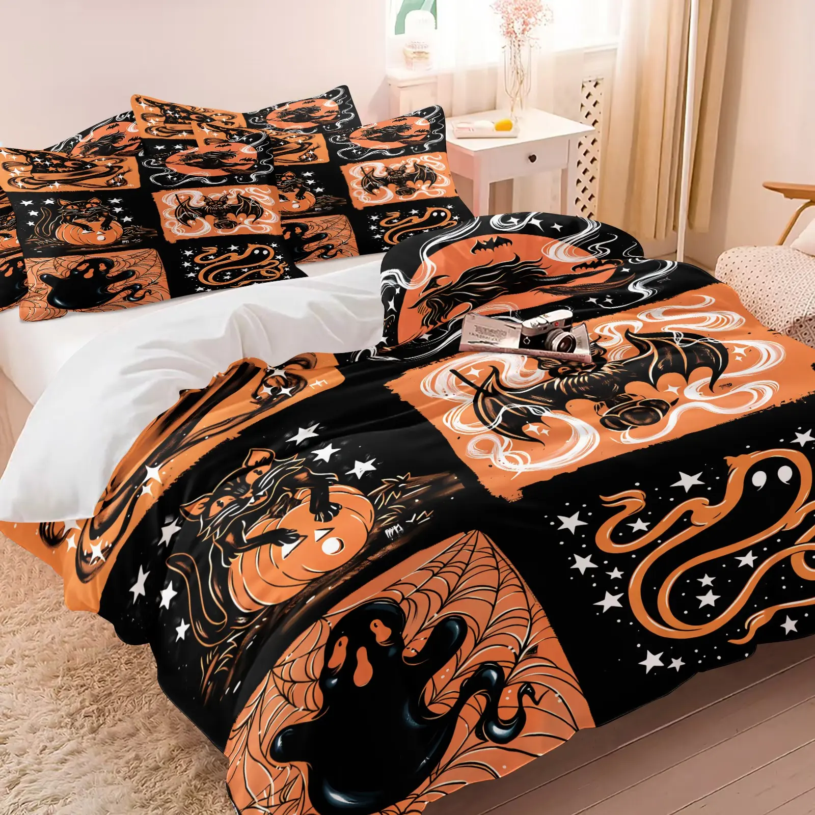 3PCS Black Orange Patchwork Halloween Duvet Cover Set (1 Duvet Cover + 1-2 Coreless Pillowcases), Witch Ghost Bat Black Cat Pumpkin Grid Print, Soft Comfy All Seasons Summer Vibes Bedding Set,Ideal for Spooky Gothic Holiday Bedroom Dorm Decor