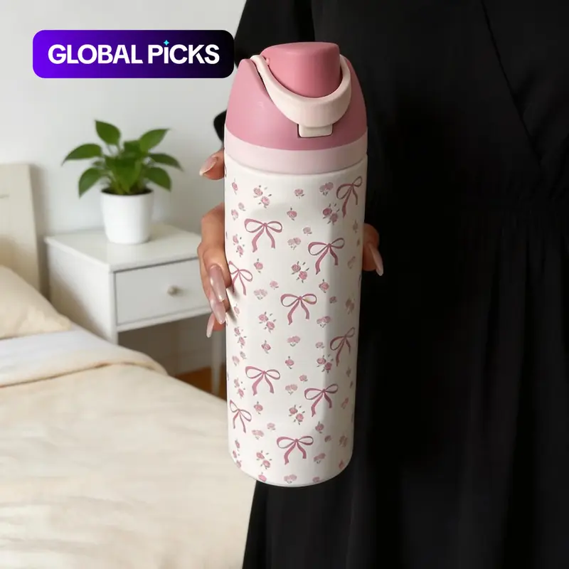 Rose & Bow Pattern Stainless Steel Insulated Cup, 24oz/32oz/40oz, Double-Wall Cold Retention, Includes Straw, Travel Mug, Outdoor Sports Tumbler, Insulated Vacuum Drinkware #GLOBAL PICKS