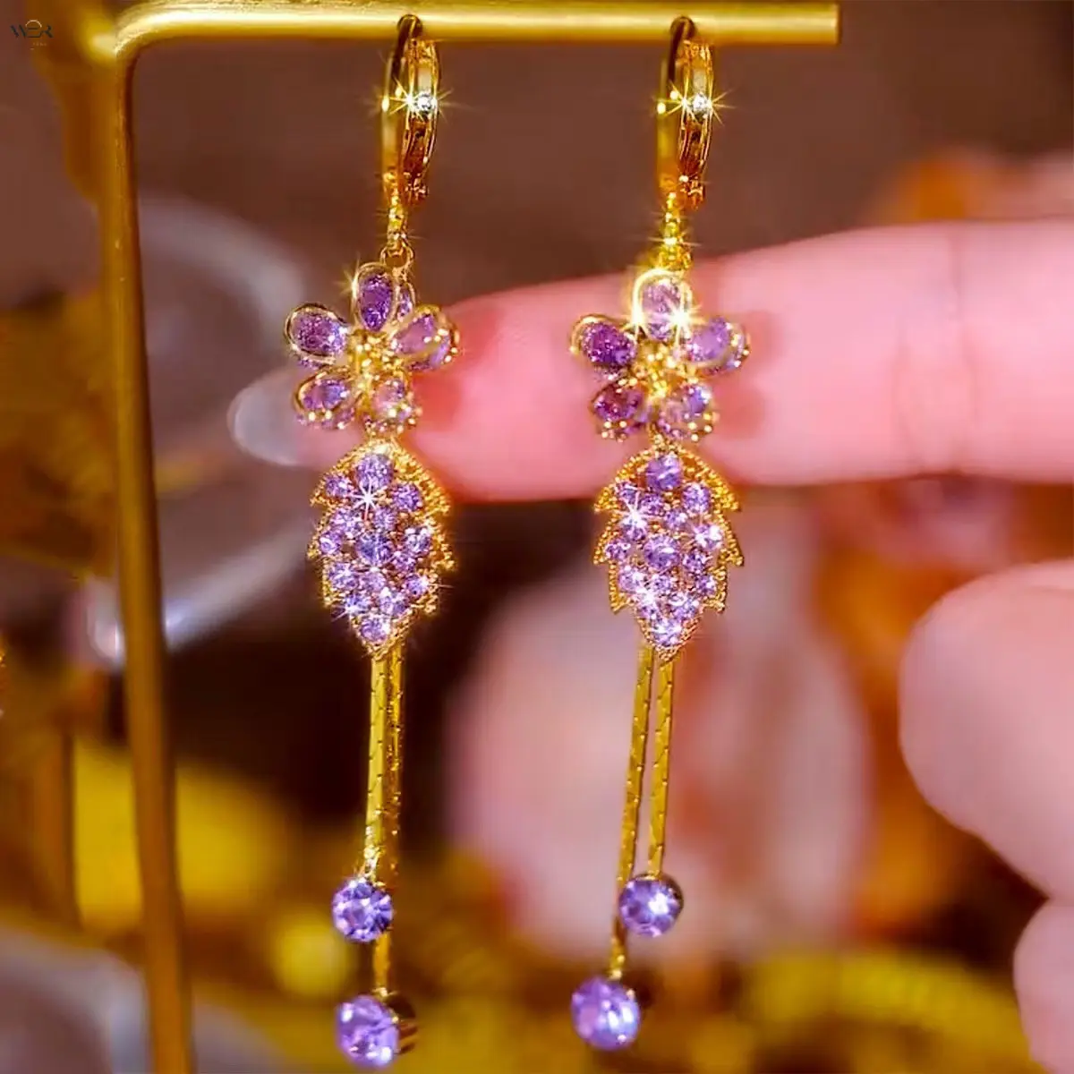 Women's Anti-Allergic Gold Floral Leaf Long Tassel Hoop Earrings - Shiny Purple Champagne Crystal Multi-Layered Dangles, Wipe Clean Luxury Costume Jewelry for Weddings, Parties