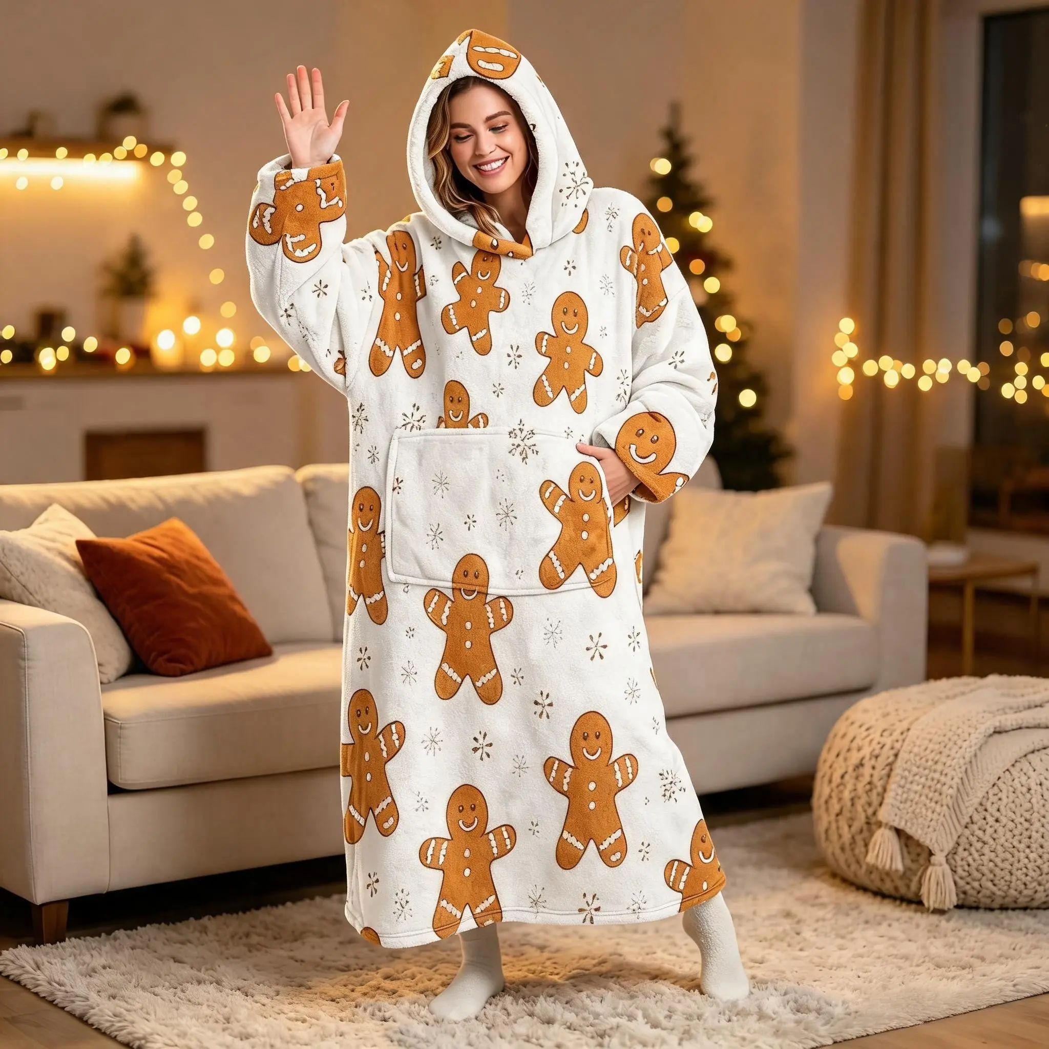 1pc Flannel Hooded Wearable Blanket, Couple Style, Base with Cute Gingerbread Man Snowflake Print, Pocket Design, Soft Touch, Christmas Gift
