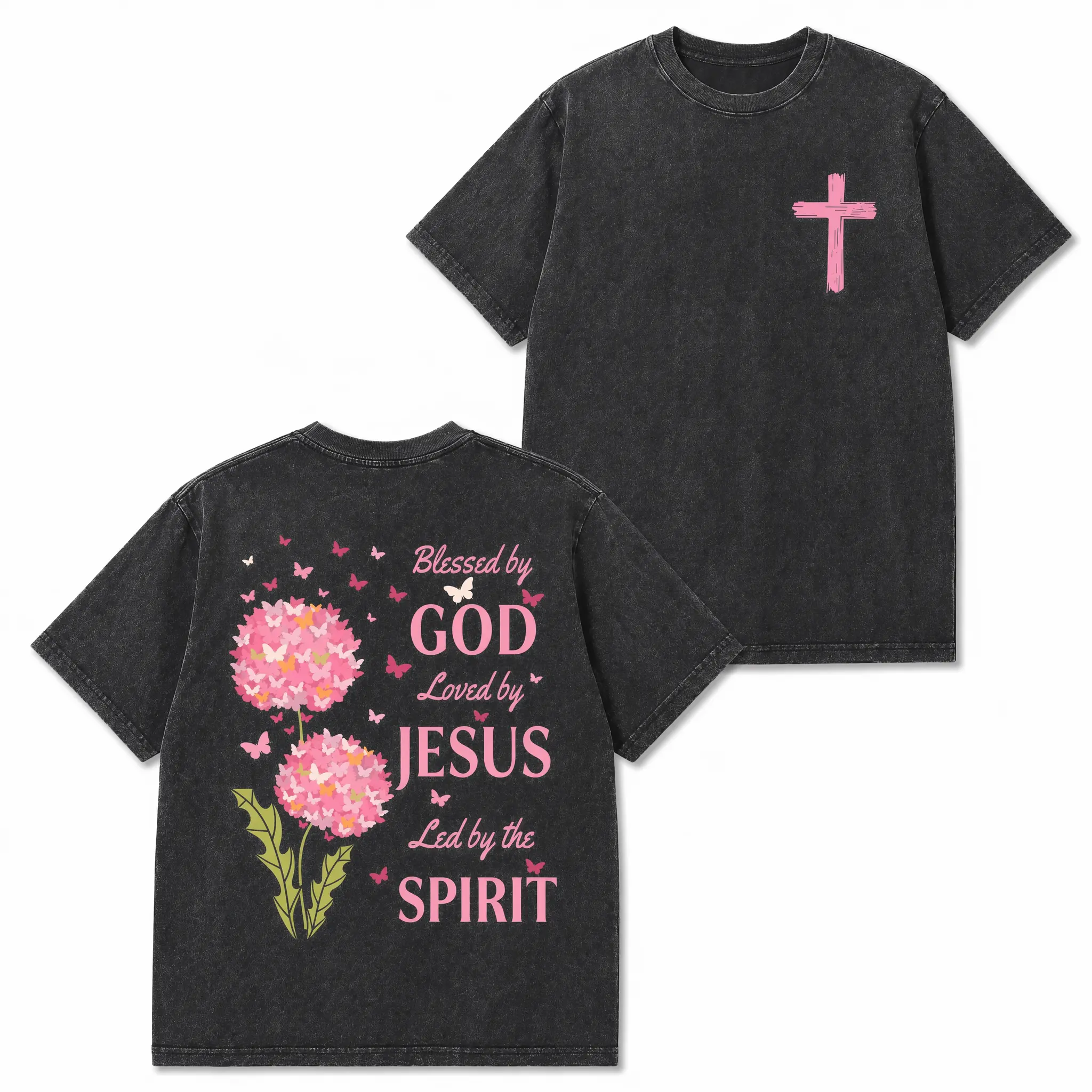Blessed By God, Loved By Jesus, Led By The Spirit 2 Siđed Tee Pure Cotton Casual Street Style Crew Neck Short Sleeve T-Shirt Tops Trendy for Women