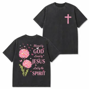Blessed By God, Loved By Jesus, Led By The Spirit 2 Siđed Tee Pure Cotton Casual Street Style Crew Neck Short Sleeve T-Shirt Tops Trendy for Women
