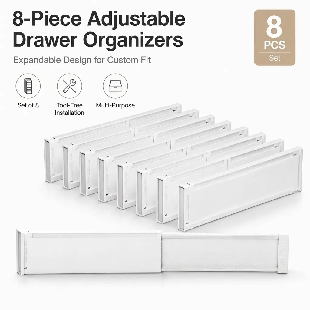 8 Piece Adjustable Drawer Divider Set, Plastic Drawer Organizer, Tool-Free Installation, Multi-Functional Kitchen & Bathroom Storage