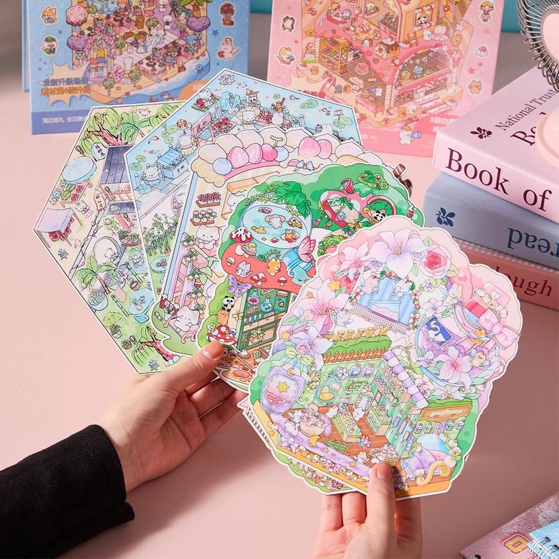 Christmas Gift,minature house kit,3D DIY Miniature World Set, Scene Card Paper, Stickers, and Background Cards, Decorative Sticker Album, Gift Packaging Set, 3D Cartoon House DIY Landscape Decoration Sticker Book, Sticker Packs