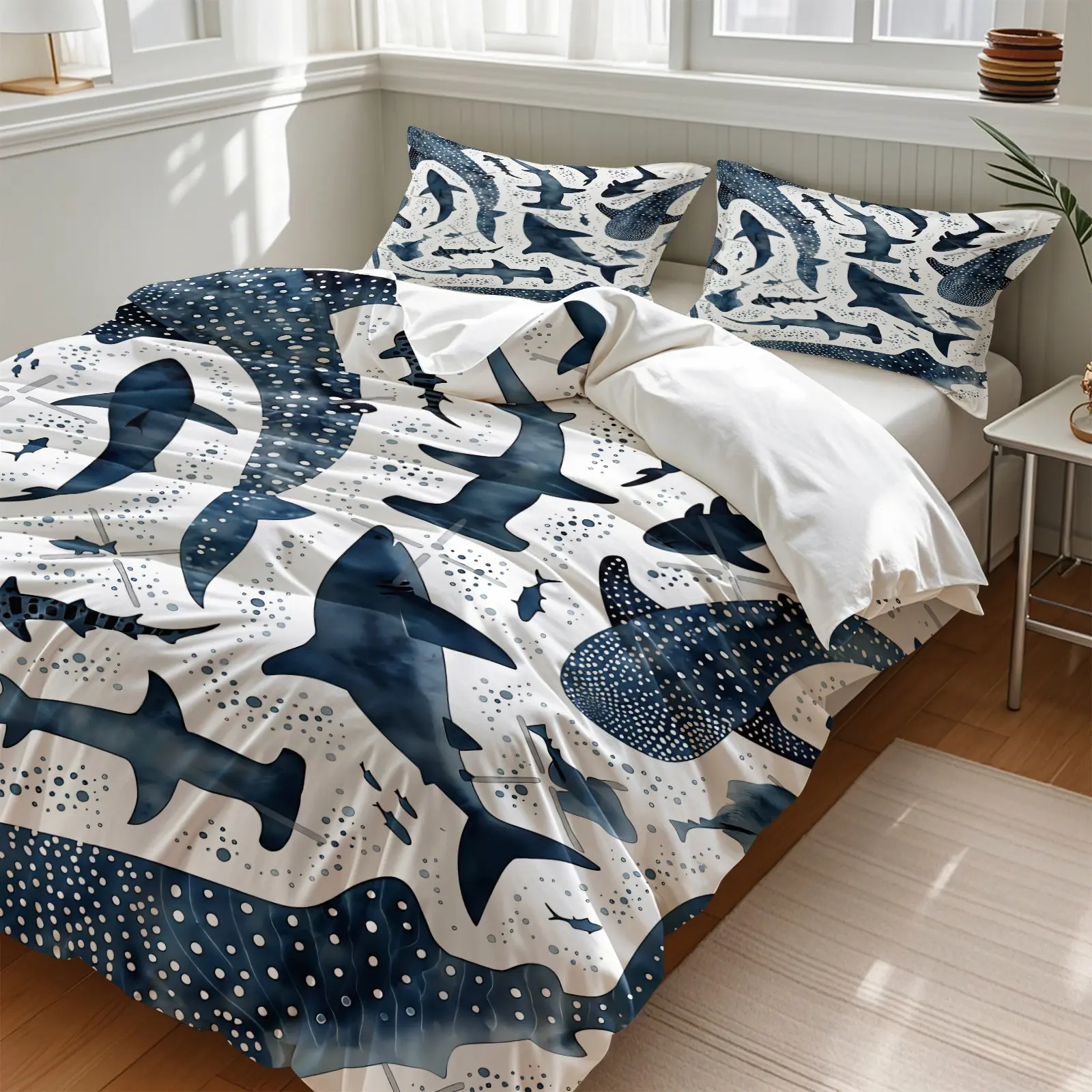Watercolor Blue Shark Whale Shark Ocean Animal Comforter Bedding Set, 1 Comforter + 1-2 Pillowcases, HD Digital Printed, Soft Comfortable Skin-Friendly Washable Fabric, Fresh Underwater Themed Kids Bedroom Decor All Season Quilt