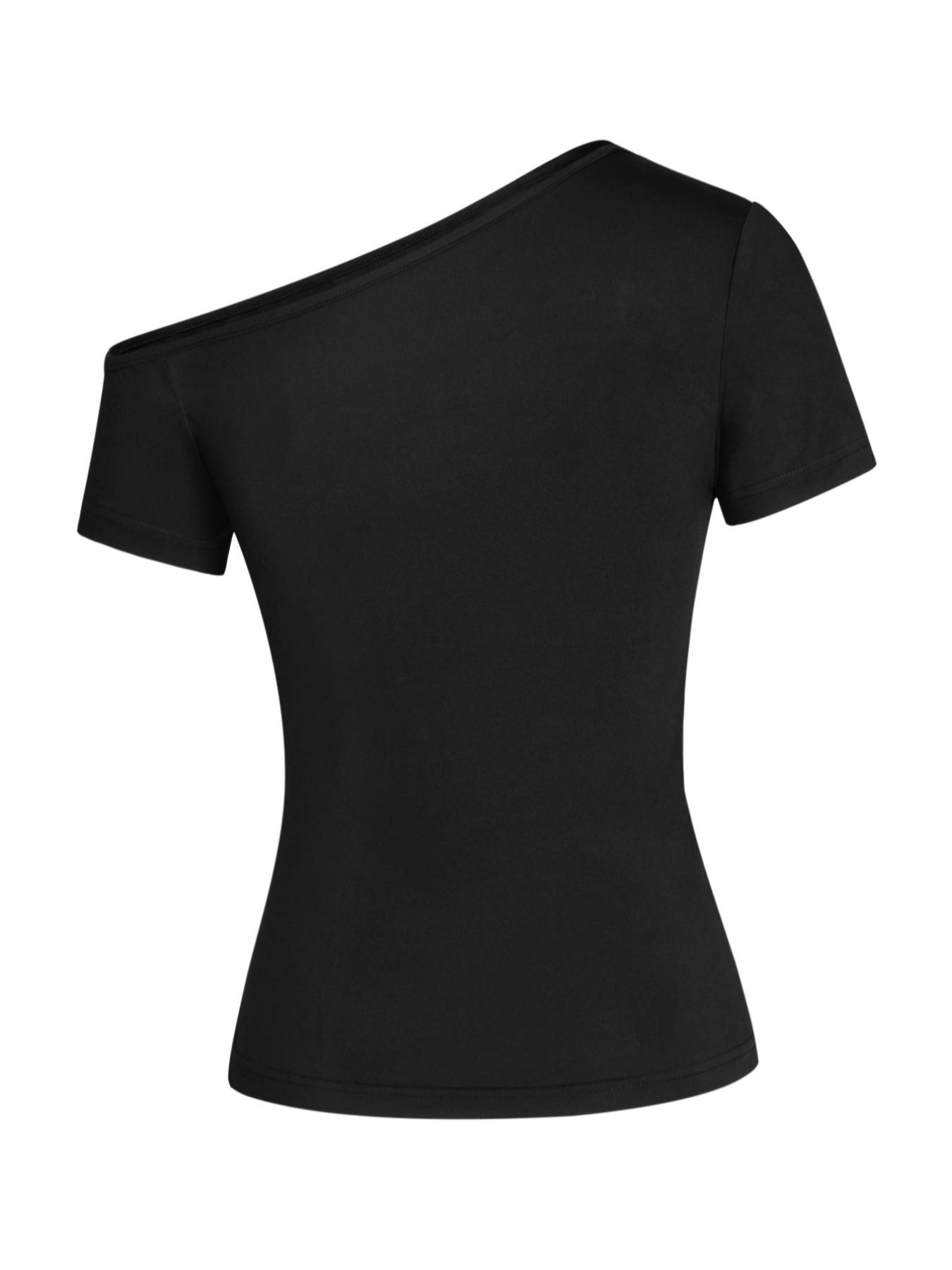 Women's Plain Asymmetrical Neck Tee, Casual Short Sleeve T-shirt for Summer, Women's Top for Daily Wear, Tops for Women, Tshirt, Lady