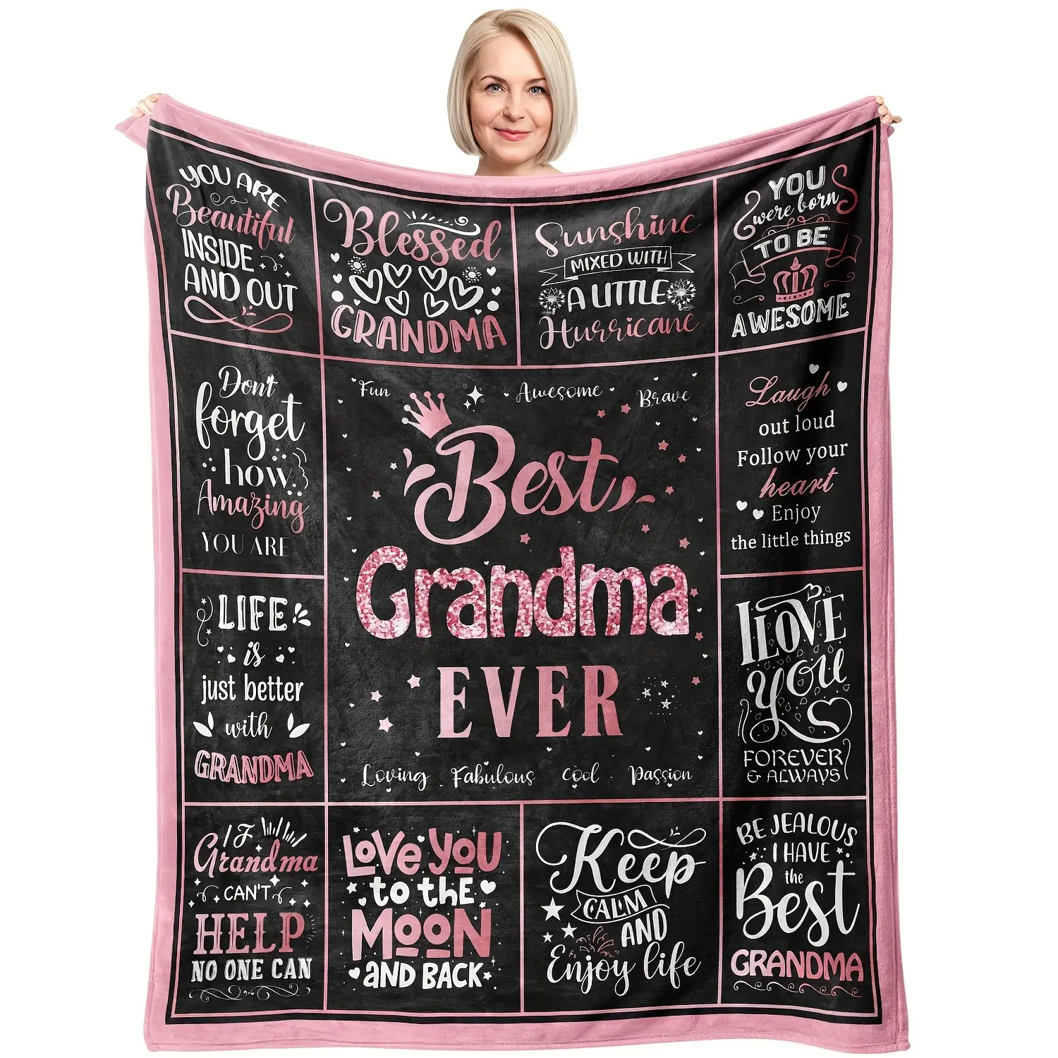 Best Grandma Ever Throw Blanket,Inspirational Quotes Pink Black Grid Print Soft Flannel Blanket,Cozy Fleece Blanket Gift For Grandma,Perfect Birthday Mother's Day Thanksgiving Christmas Present For Grandmother,HomeEssentials,MomMemory,Grandparents Day