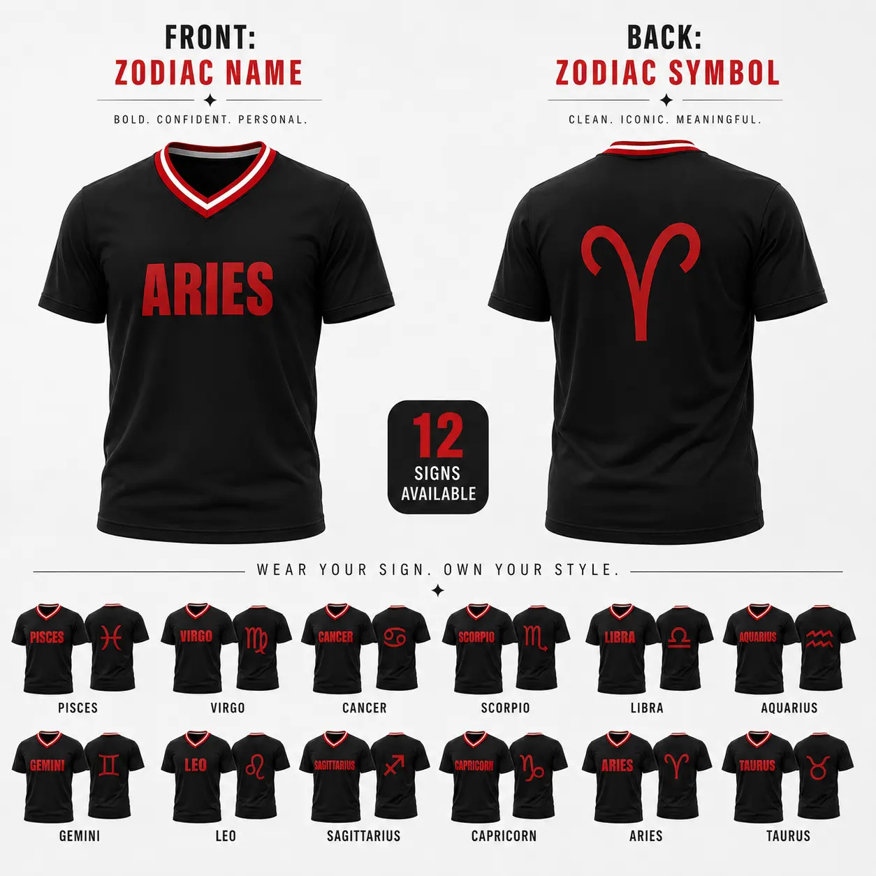 Unisex Zodiac Sign V-Neck Jersey Shirt (Aries, Cancer, Sagittarius, Gemini, Aquarius) - Black/Red Short-Sleeve Polyester Top, Front Name & Back Symbol Print, Lightweight Breathable for Daily Wear & Gifts, Astrology