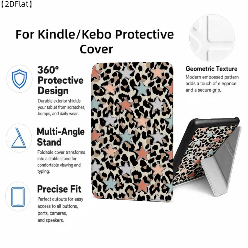 For Kindle/Kobo/Tolino Case, Cover, with stand Foldable Leopard Print With Stars for New Kindle 11Th 2019, Kindle 11th Generation (2022/2024), 6-Inch, 7-Inch Kindle Paperwhite 12Th Generation 2024 Vision Color/Vision 6/Shine Color