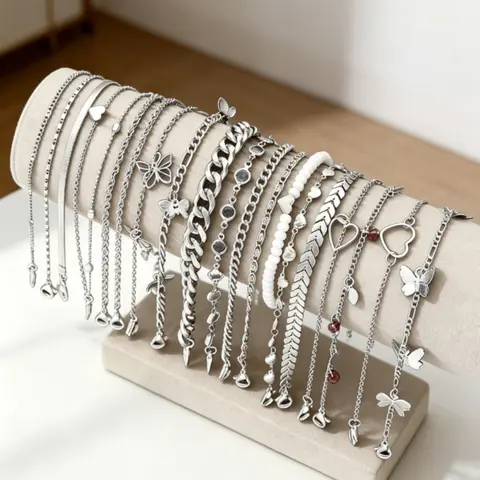 19 Pcs Simple Fashion Casual Layered Anklets, Foot Jewelry, Fashionable Accessory, Alloy Butterfly Heart Design, Perfect for Daily Wear, Parties, Gifts, Valentine's Day, Birthday