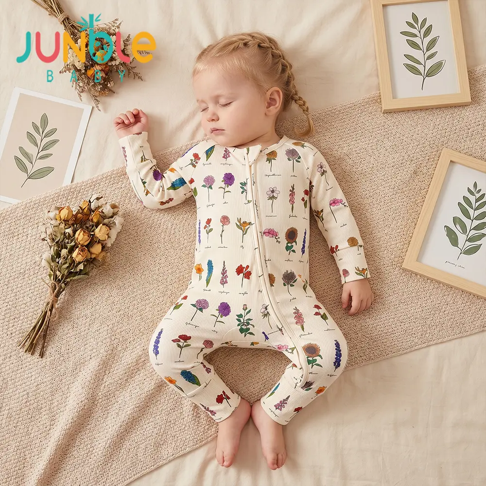 Junblebaby Baby bamboo Zipper Romper, baby  zipper romper,cute baby   girl  clothes,  print   Zipper   Bamboo Fiber Long Sleeve 2-Way Zipper Footed Onesie,Bamboo groove strip ribbed fabric,Plants,and flower Sleep Play Pajamas for Baby mitten cuff foot