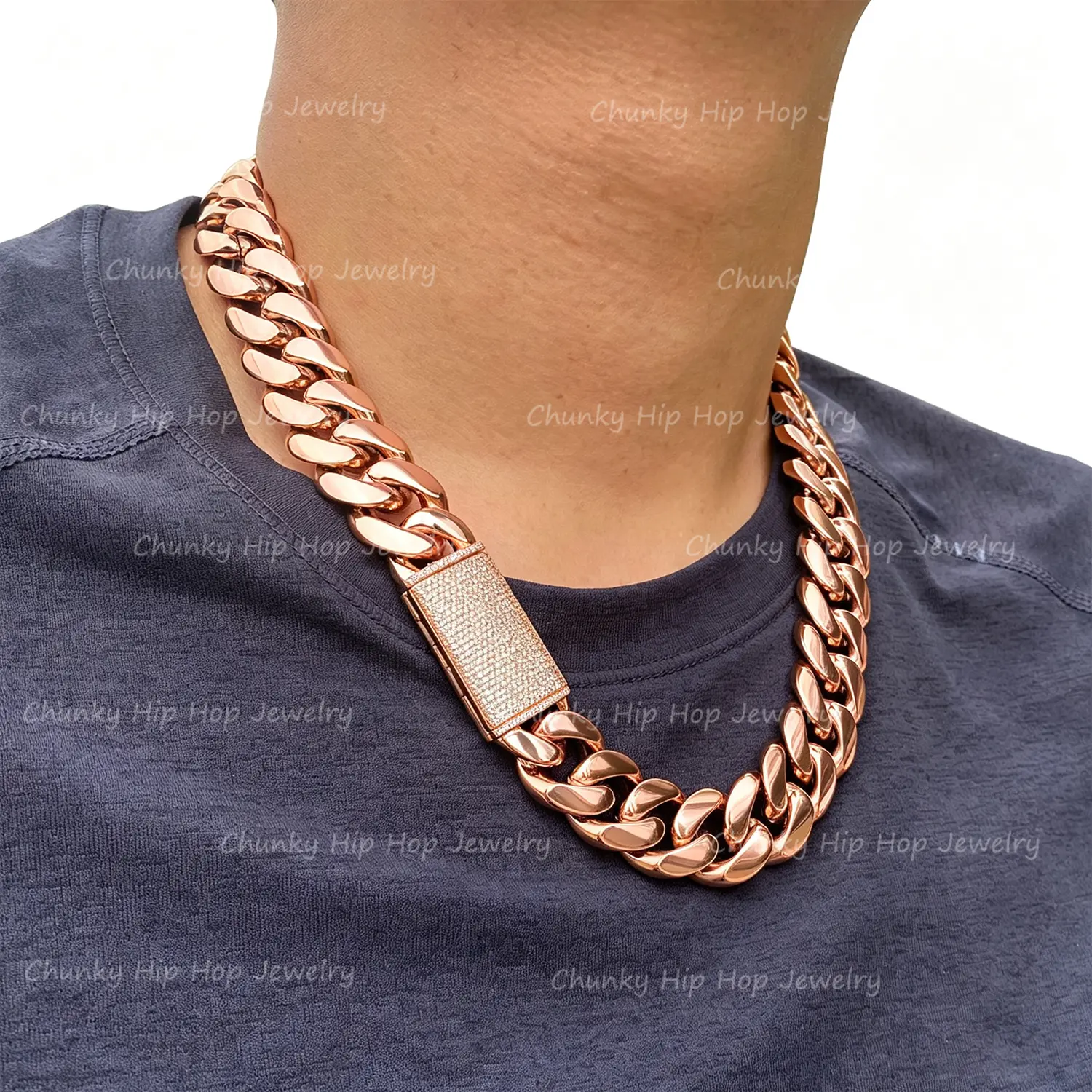 Men's Rose Gold Plated Iced-Out Bling Miami Cuban Link Chain Necklace - Stainless Steel, Moissanite Stones, Bend-Proof Links, Adjustable 18-30in Hip Hop Costume Jewelry, Miami Cuban Chain