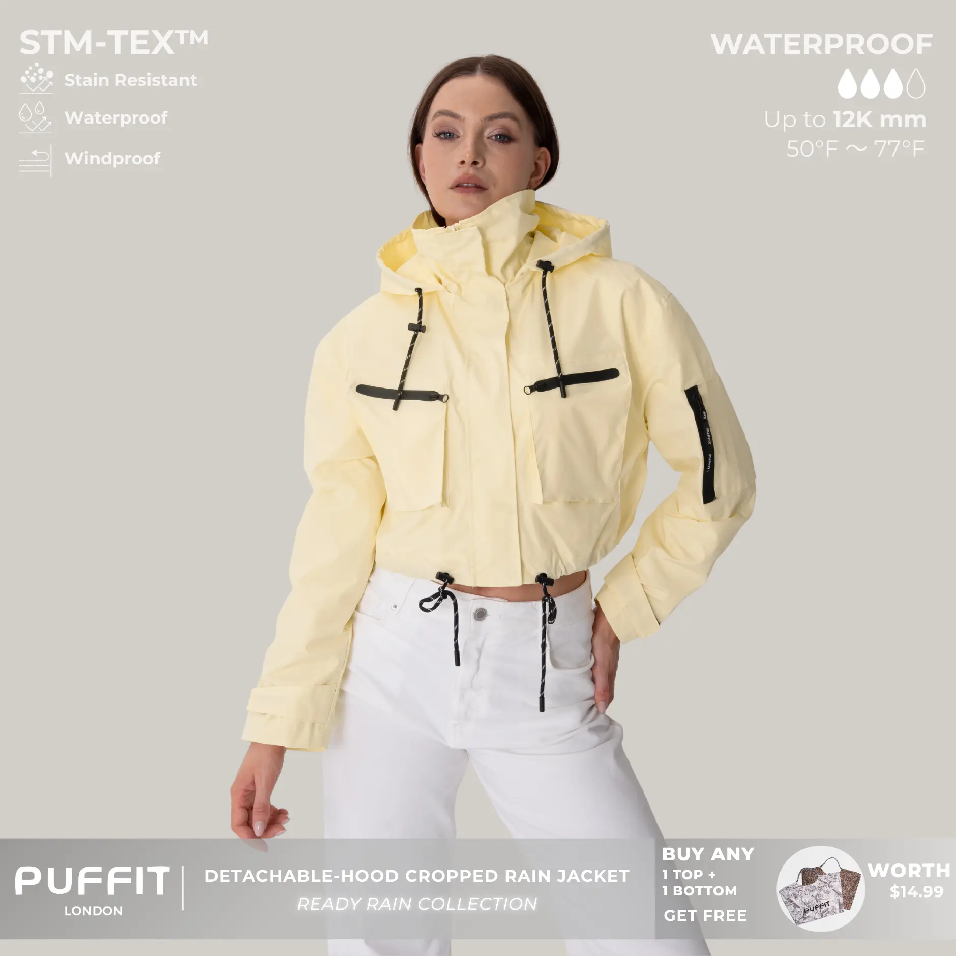 PUFFIT STM-TEX Elevated Cropped Detachable-hood Rain Jacket With Drawstring Hem,WaterProof,Stain Resistant,Windproof,Women's Rain Jacket,Breathable Stylish,Inner Pocket Design,Outdoor Sport,School Running,Dog Walking,Football Mum,Womenswear,Windbreaker