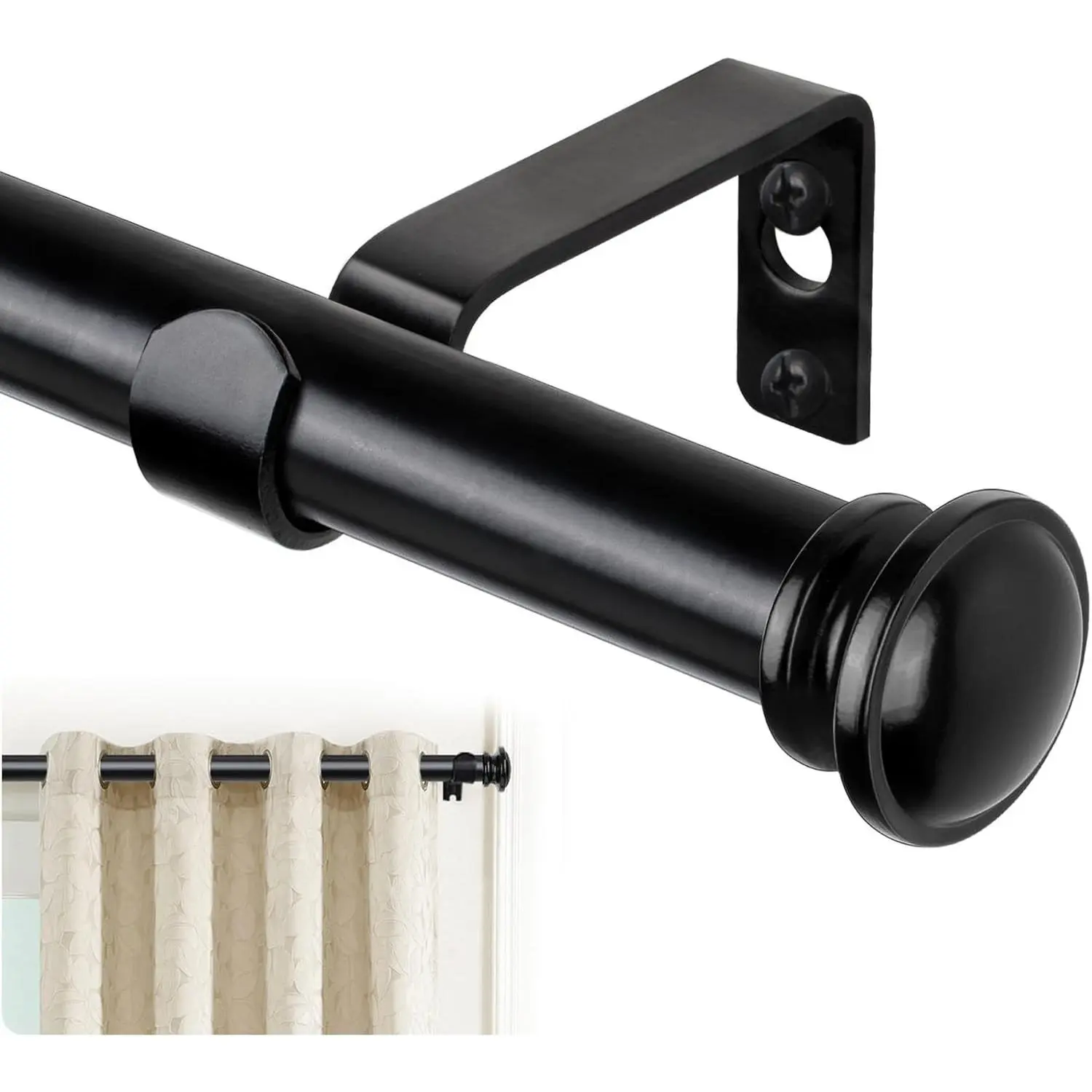 Adjustable Black Curtain Rods for 20-53 Inch Windows, 32-58 Inch Telescoping Single Drapery Rod 3/4" Diameter, 22lbs Weight Capacity Decorative Rod with Small Finial