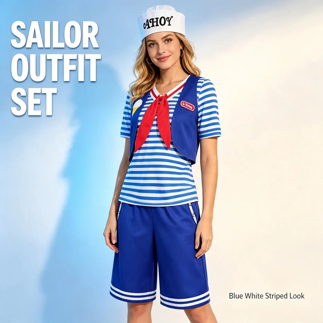 Sailor Style Cosplay Costume Set, Striped Top Vest Shorts Outfit with Hat for Halloween Party