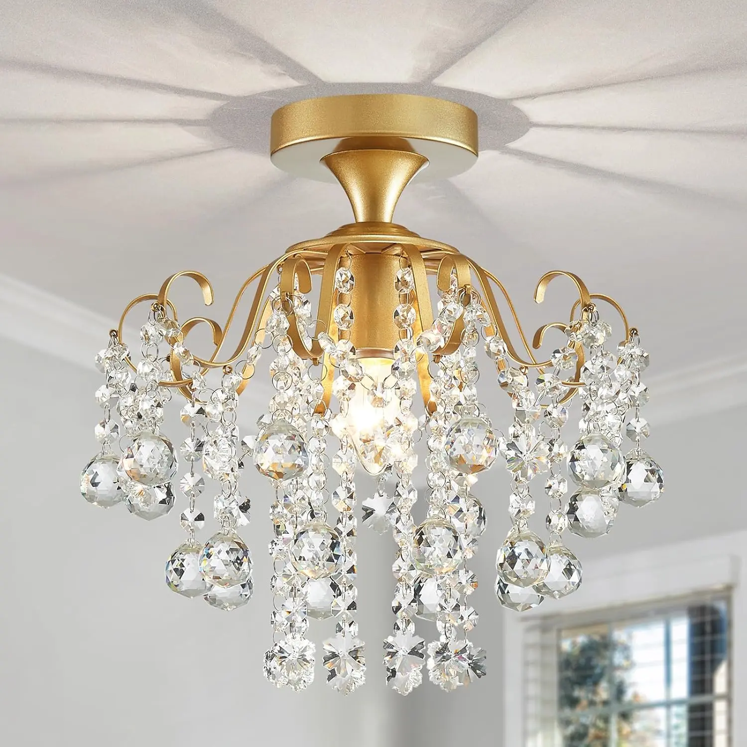 Crystal Chandelier Flushmount Ceiling Light Modern Lighting Fixture for Bedroom Hallway Bar Kitchen Bathroom, H 13.4" x W 12.6", E26 Base, Gold