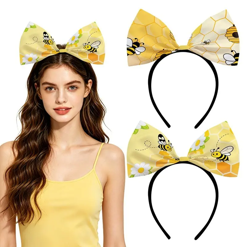 2pcs Bee Bow Headband, Cute Honeycomb Print, Elastic Costume Headwear, Party Photo Booth Props, Birthday, Halloween, Cosplay, Daily Wear