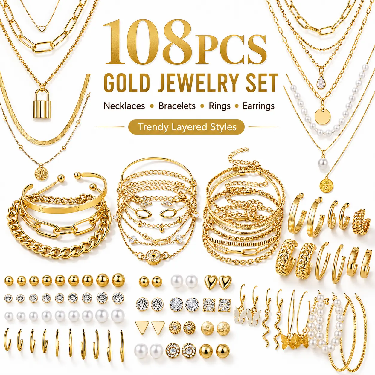 108PCS Gold Jewelry Set for Women, Gold Plated Necklace, Bracelet, Ring & Earrings, Trendy Layered Jewelry Collection # SummerVibes