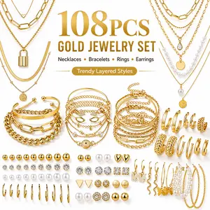 108PCS Gold Jewelry Set for Women, Gold Plated Necklace, Bracelet, Ring & Earrings, Trendy Layered Jewelry Collection # SummerVibes