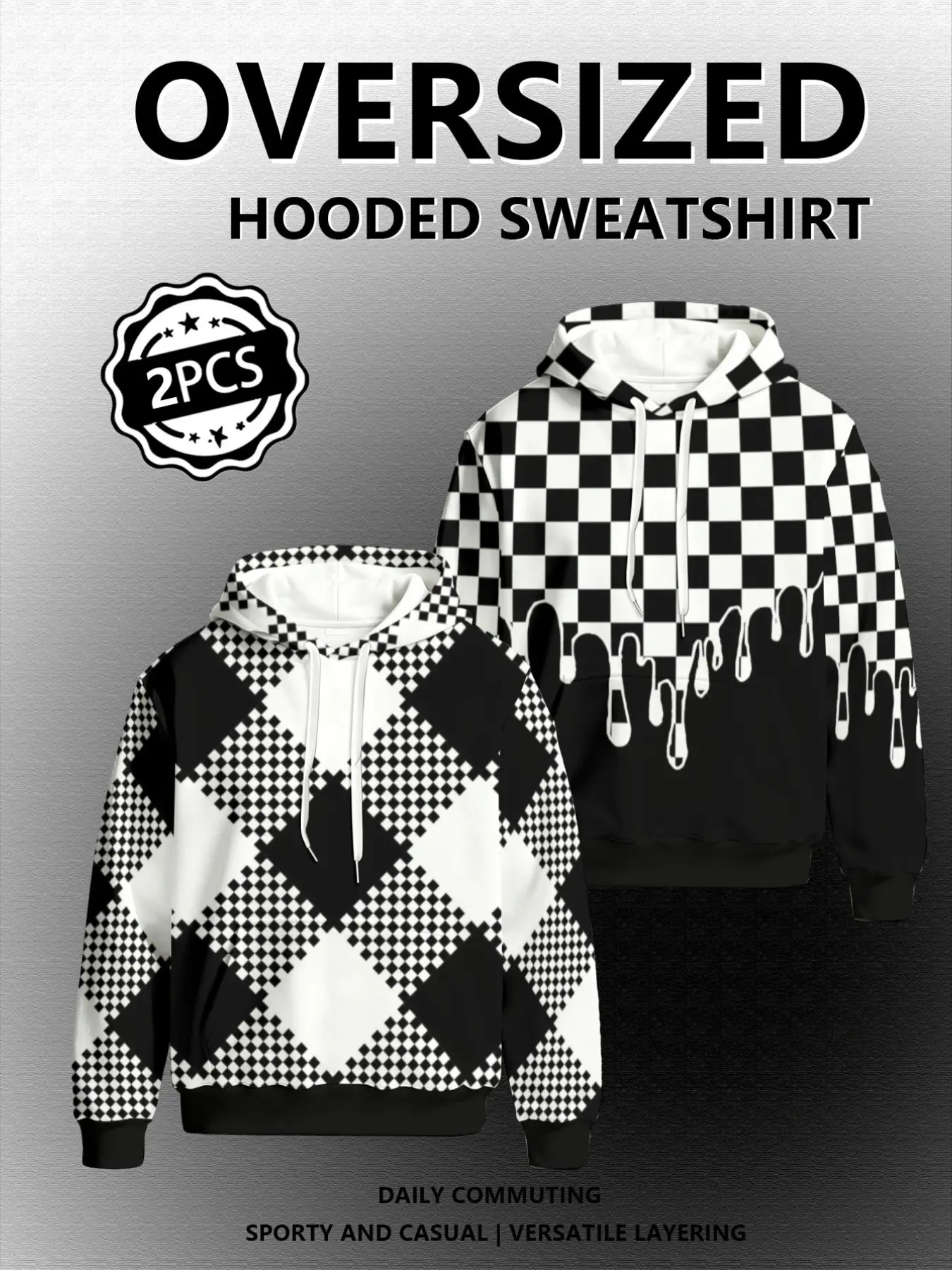 2-Pack Men's Checkered Full Print Hoodie, Oversized Loose Drawstring Pullover, Vintage Checkerboard Casual Outerwear