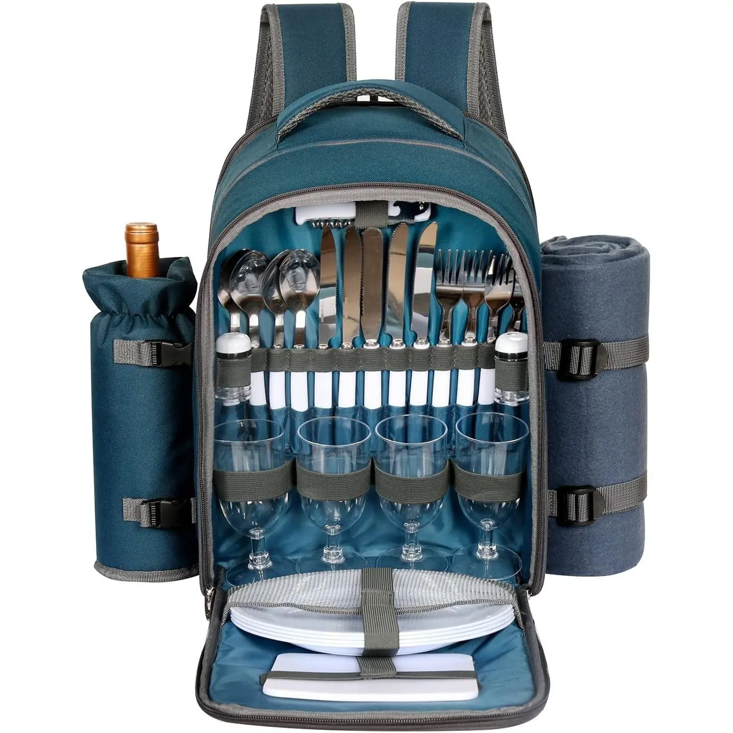 Picnic Basket Backpack for 4 Persons with Blanket, Wine Holder, Cooler Compartment, Cutlery Set - Perfect for Couples Gifts, Mr & Mrs Gifts, Bridal Shower Wedding Registry, Blue (3065-BL)