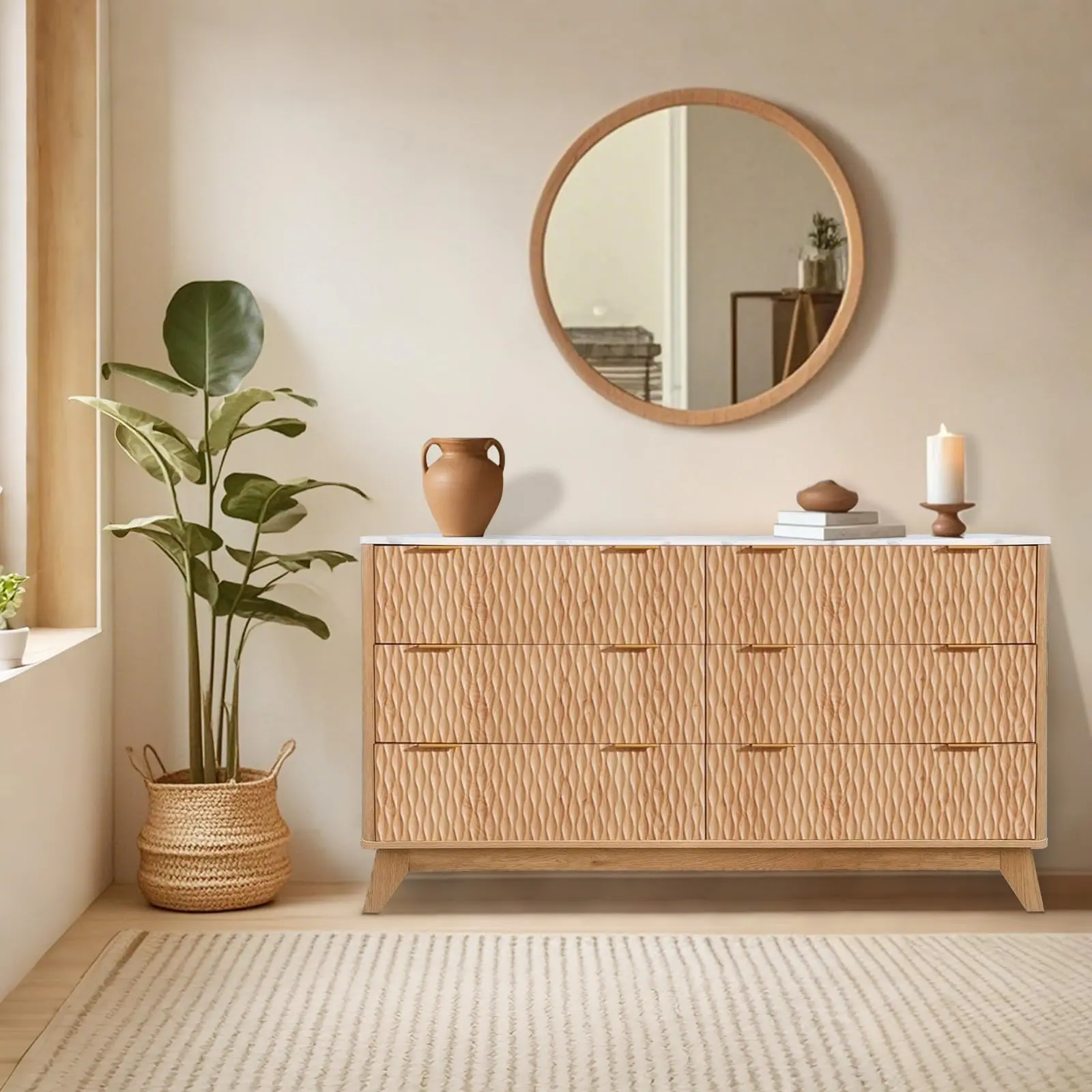 Garvee Bedroom Chest of Dresser Wood, 54" Drip Pattern Six-Drawer Chest with Faux Marble Top, Wide Wood Farmhouse Dresser, Drawer Storage Organizer for Nursery, Bedroom, Living Room (OAK.)