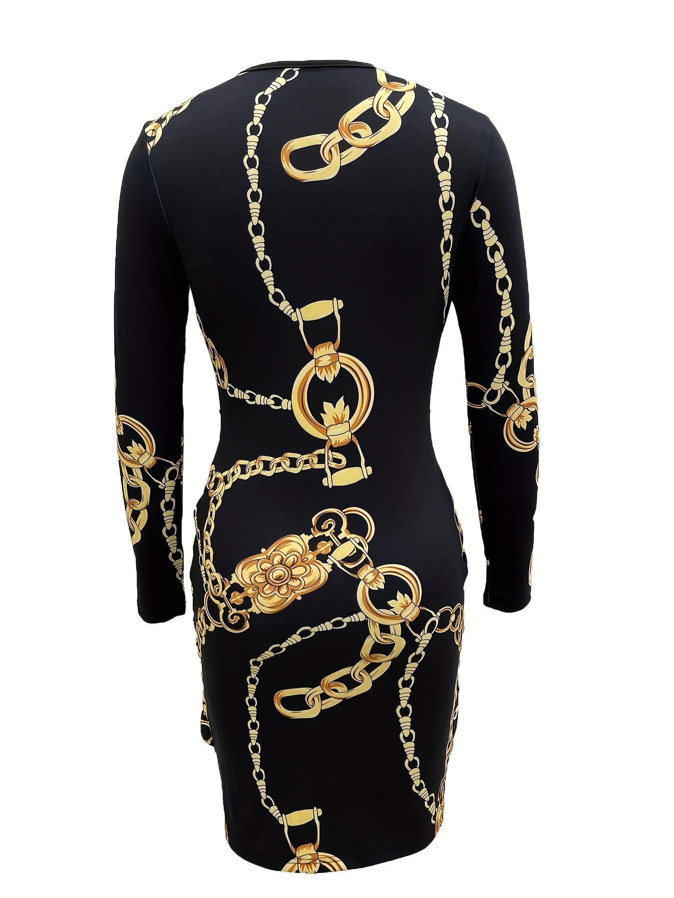 Women's Chic Chain Print Twist Ruched Bodycon Dress, Elegant Fashion Formal Longsleeves V Neck Short Dress for Party, Homecoming Dresses, Dresses for Women, Women Dress for Spring Fall, Vintage Girly Clothes, Evening Party Dresses, Womenswear