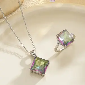 Viral Rainbow Crystal Ring Set for Women, Luxury Symphony Square Stone with Gradient Color Pendant Design, Side Pave CZ Diamond Accent, Aesthetic Statement Jewelry, Trendy Party Wedding Gift