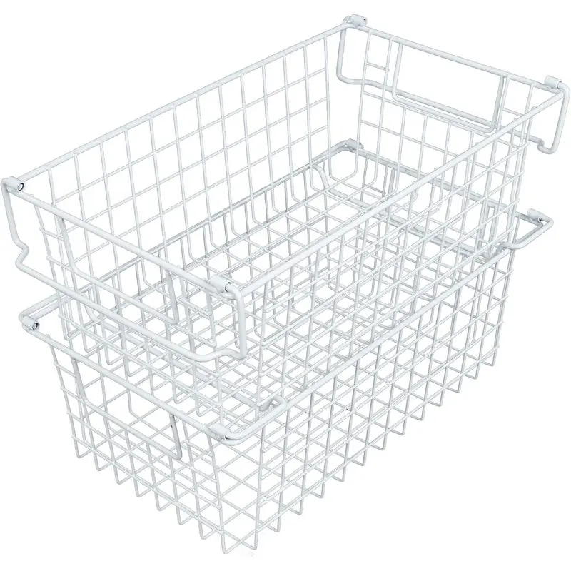 2-Pack Stackable Wire Grid Storage Basket Set - Functional Metal Organizer Bins with Handles for Indoor Recreation Pantry, Kitchen