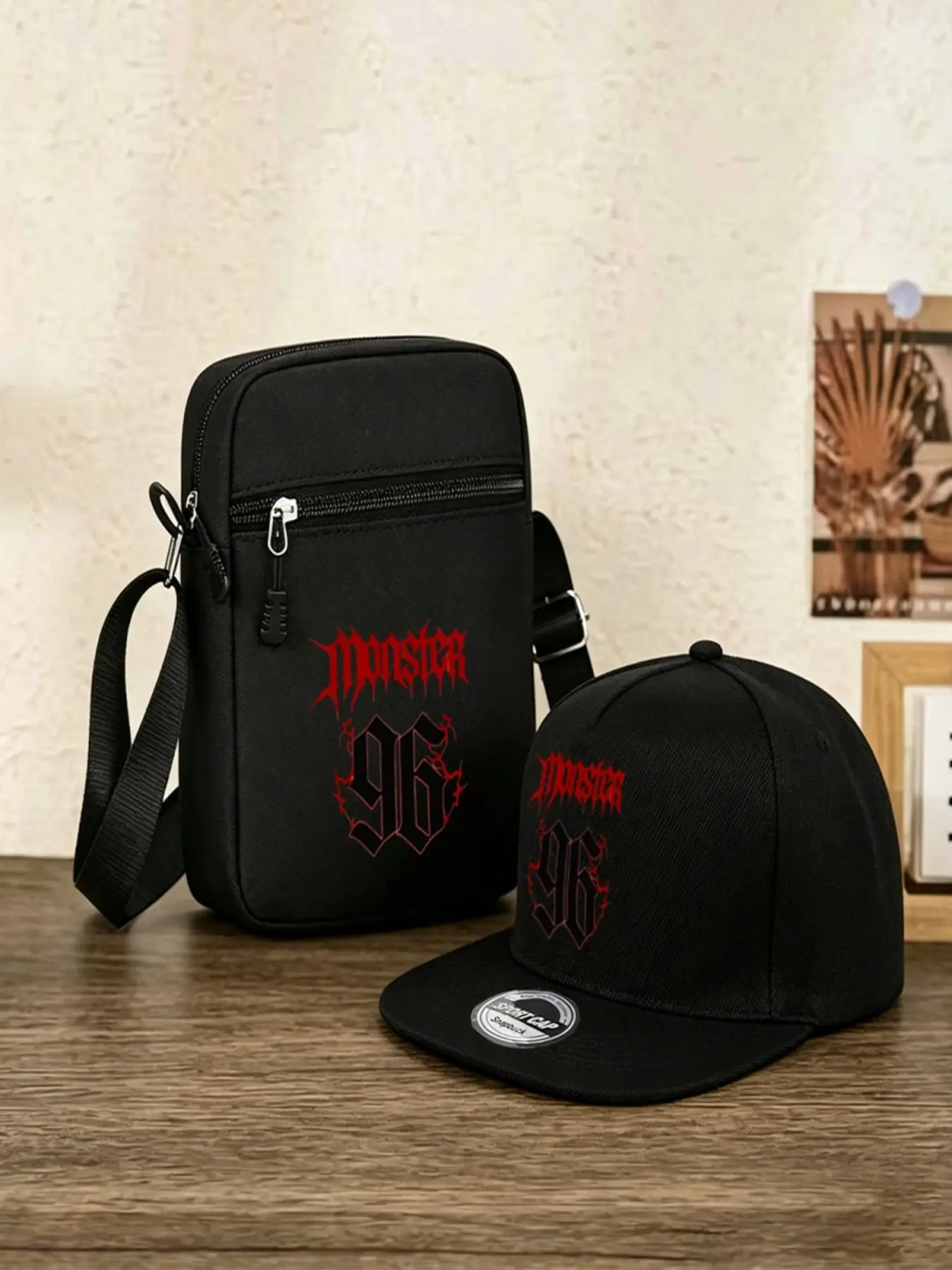 2pc Men/women Monster 96 Gothic Print Snapback Hat & Crossbody Bag Combo, Adjustable Cap, Zippered Bag, Daily & Street Style