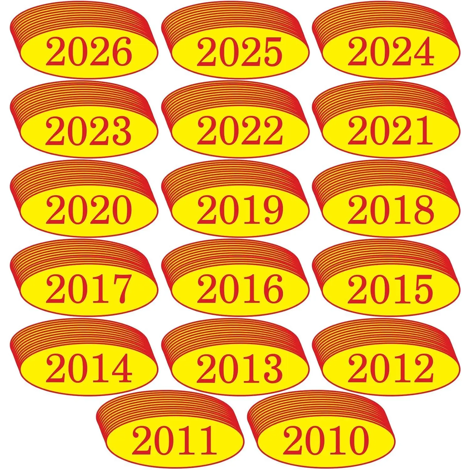Oval Shape Car Windshield Year Labels Sticker Set (2010-2026) - 17 Dozen (12 per Year, 204 Total Pieces) - Large Red & Yellow Waterproof Easy-Remove Vinyl, Ideal for Used Car Dealers