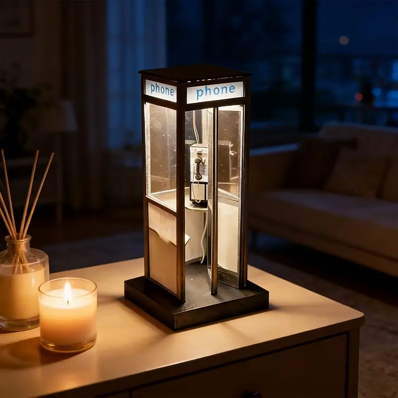Wooden Telephone Booth Night Light, Vintage Phone Booth Table Lamp, Warm Ambient Desk Decor for Bedroom, Vanity, Living Room, Bookshelf and Home Decor Gift