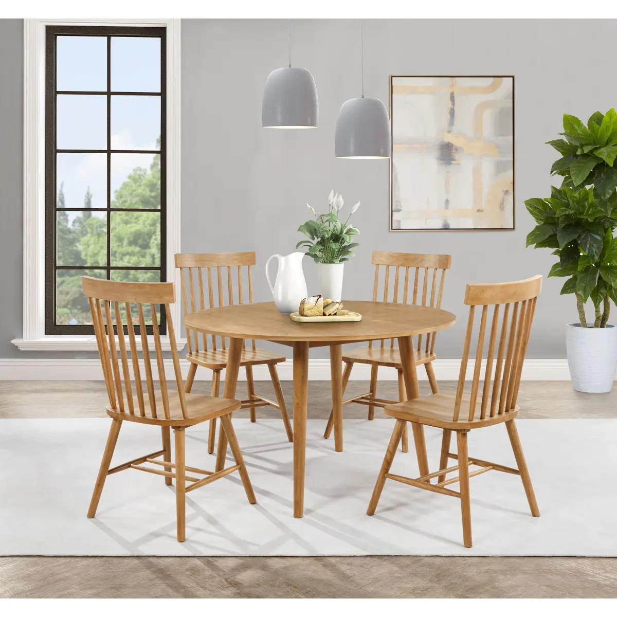 Bellemave Solid Rubberwood 5-Piece Dining Table Set, Retro Round Table with 4 Windsor Chairs for Kitchen