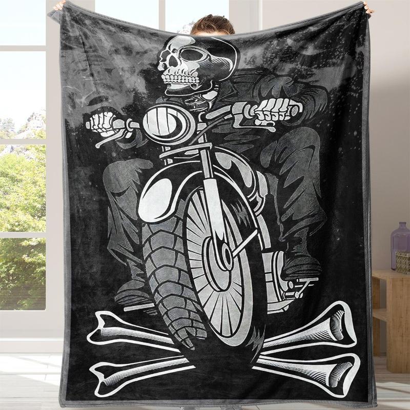 Gothic Skull Print Flannel Blanket, Casual Soft Throw Blanket with Storage Bag, Cozy Throw Blanket, Warm Napping Blanket for Home Office School Travel