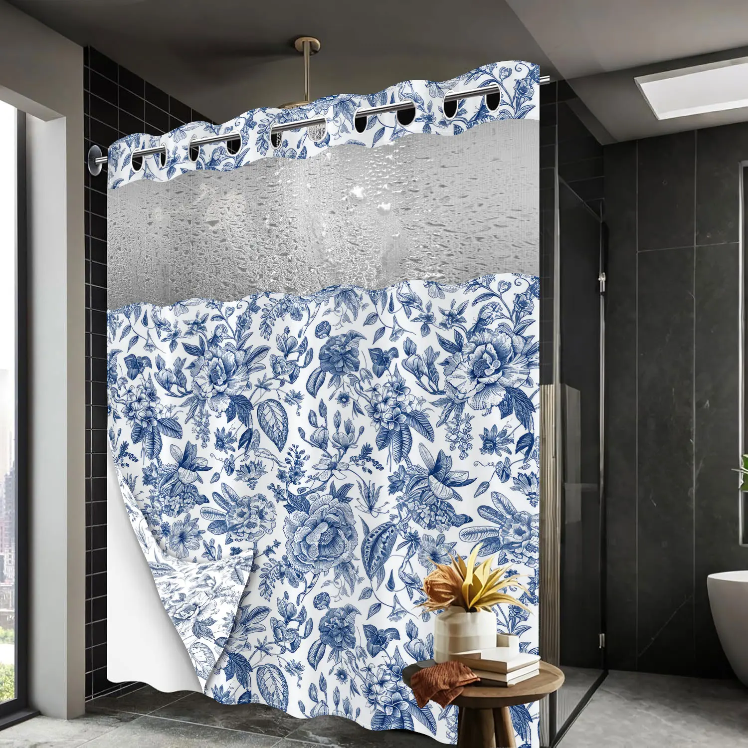 Classic Blue Floral Double Layer Shower Curtain with Removable Snap-On Waterproof Liner | Hookless Washable Fabric Set | Sheer Top Window Elegant Floral Bathroom Decor Shower Curtain and Liner Set 71x74"