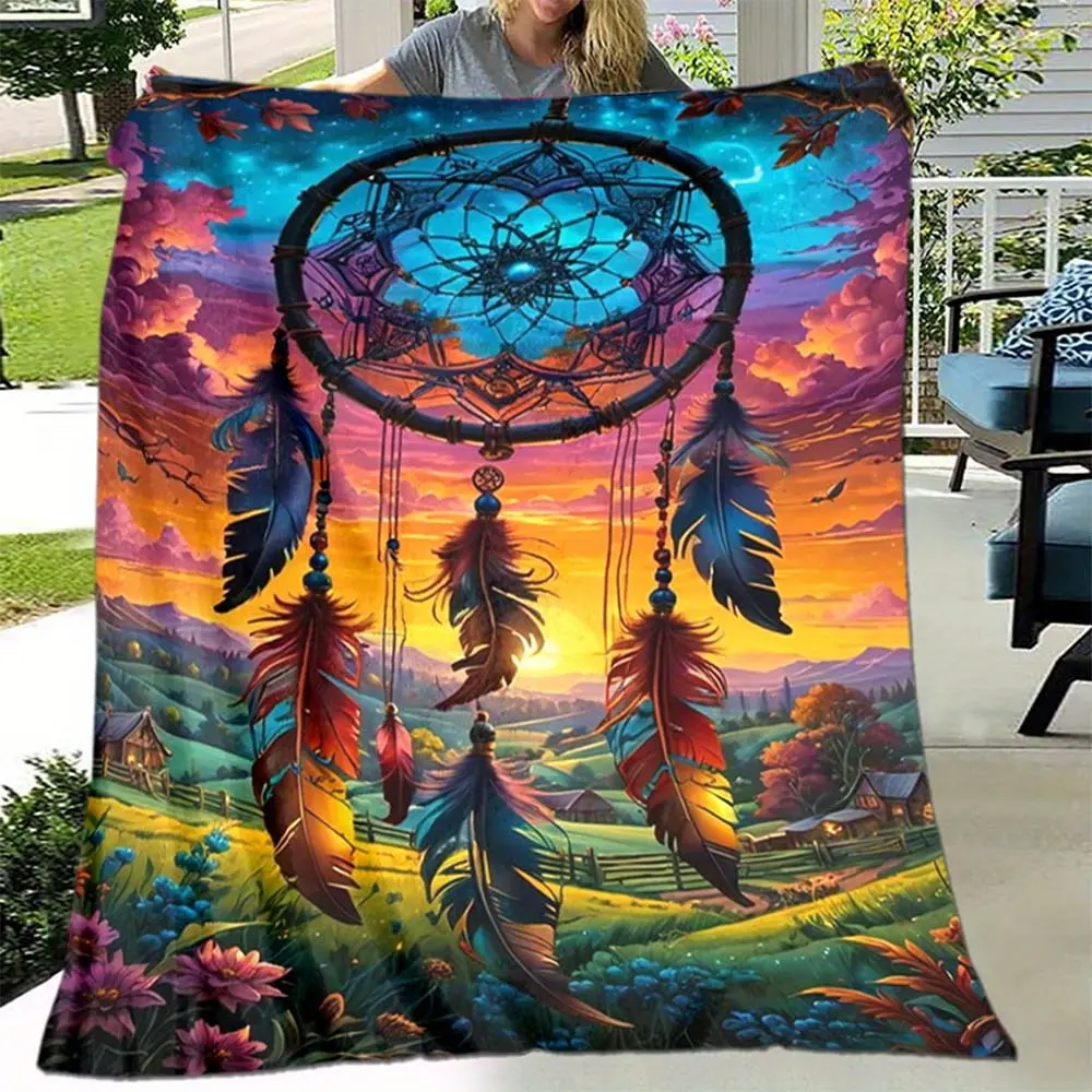 Dreamcatcher Landscape Fantasy Print Flannel Blanket Lightweight Printed Throw for Sofa, Bed, Travel, Camping, Office and Relaxing Spaces