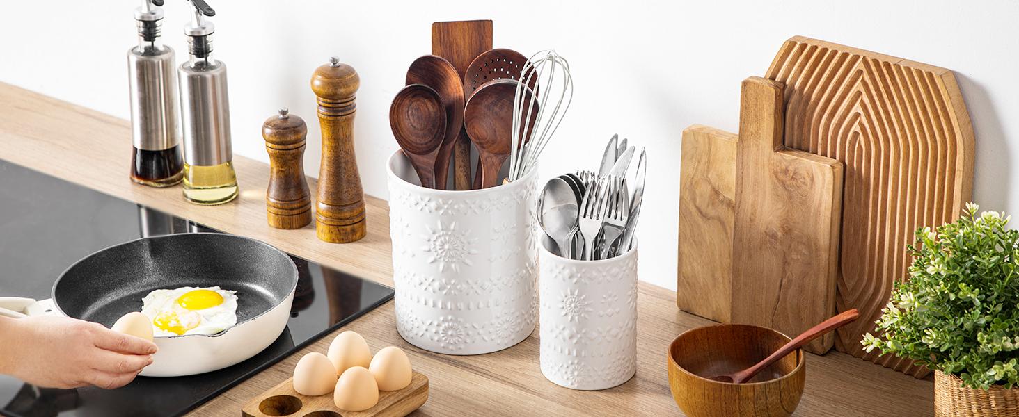Utensil Holder, 7.2"+5.4" Ceramic Utensil Holder for Countertop, Large Cooking Utensil Crocks for Kitchen Counter, Farmhouse Utensil Vase for Housewarming, Kitchen Decor, Set of 2, Snow