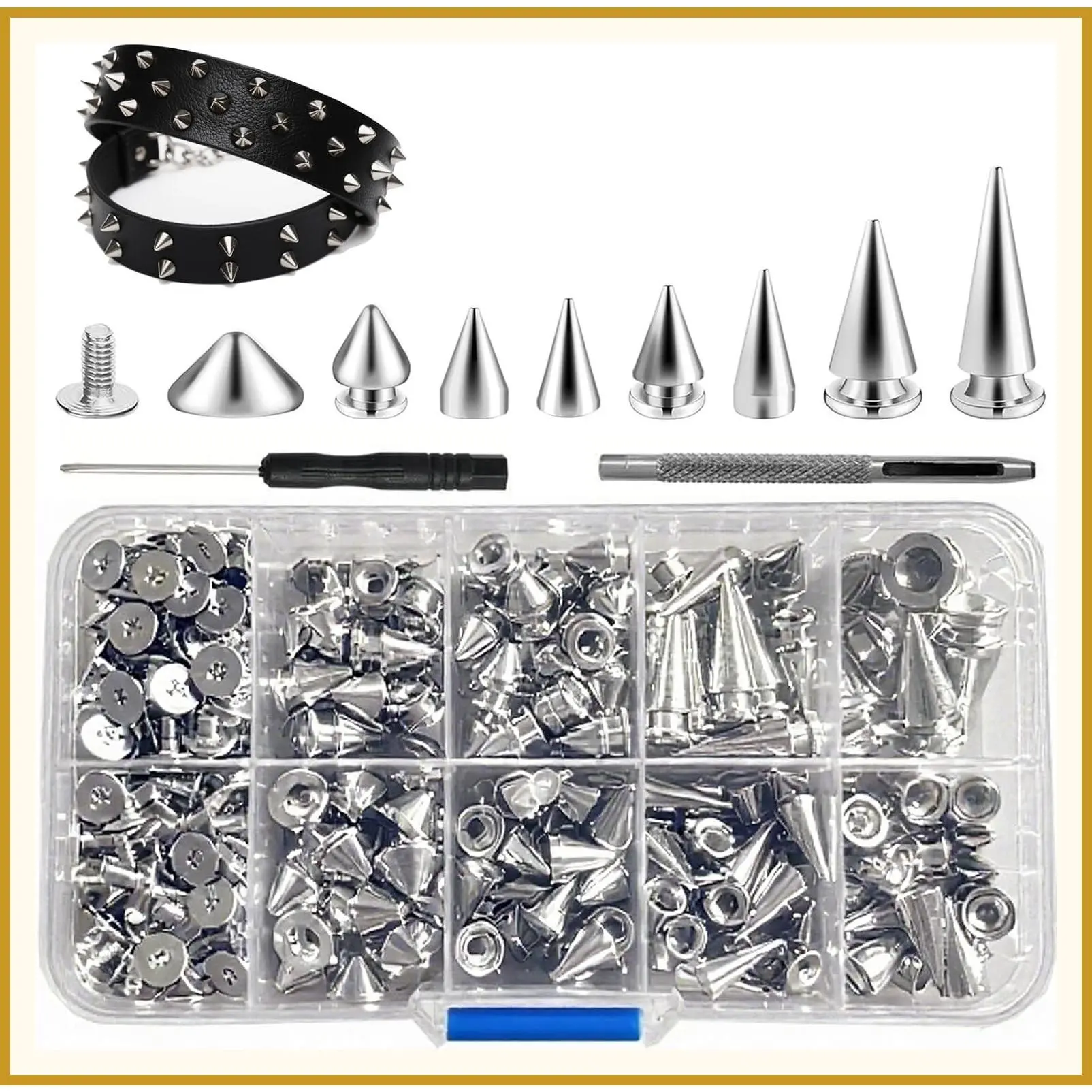 354 Pieces Punk Spikes and Studs Kit - 8 Sizes Cone Spikes, Metal Tree Spikes Studs for Leathercraft, Punk Clothing DIY Accessories (Silver)Gift