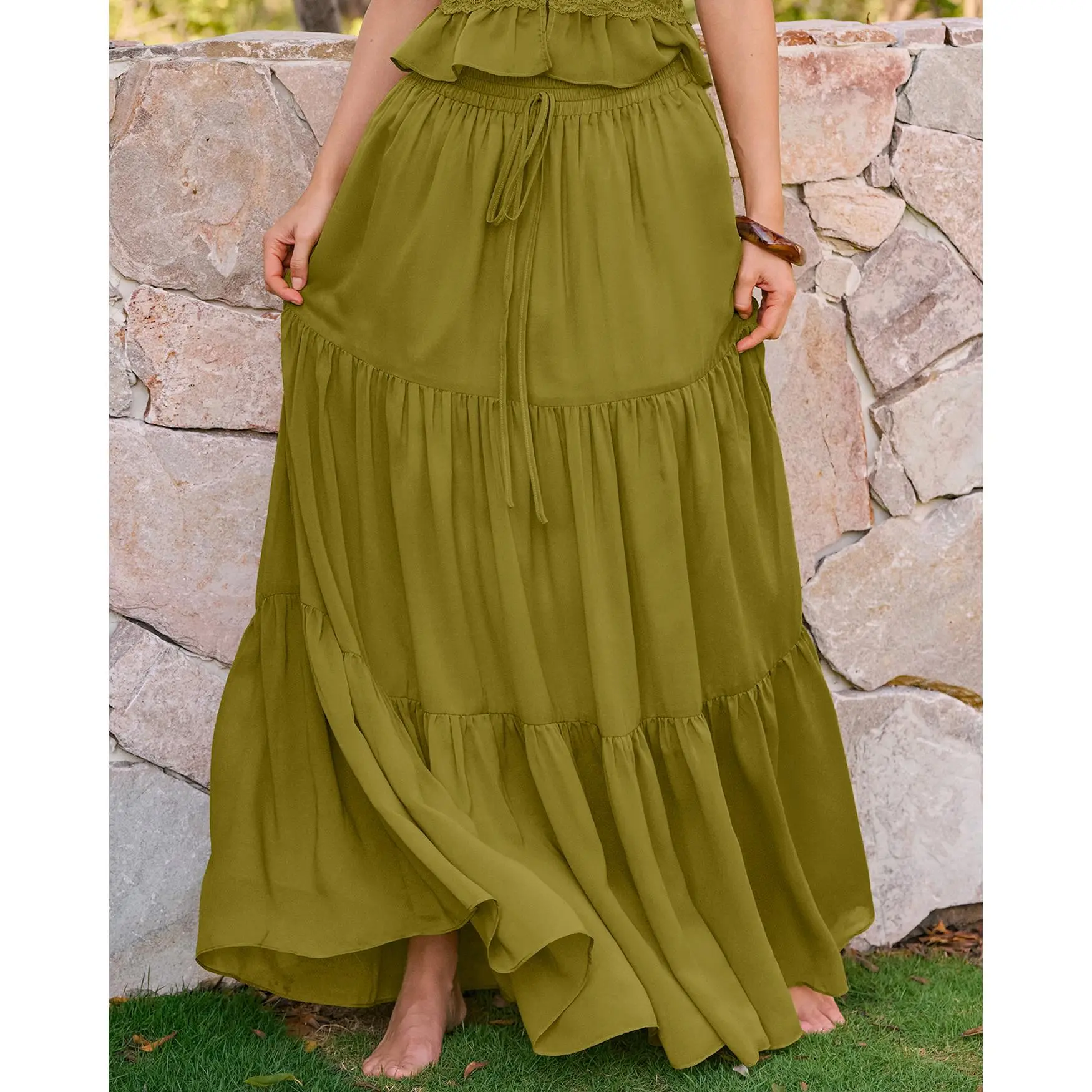 Green Elastic Waist Chiffon Maxi Skirt