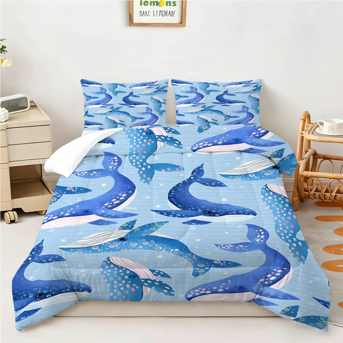 Vibrant Full Print Cartoon Blue Whale Light Striped Comforter Set, 2/3 Pcs Bedding Set, Pillow Inserts Not Included, Use for Bedroom, Beach Guest House, Rental Apartment, Unique Soft Marine Kid Home Accent