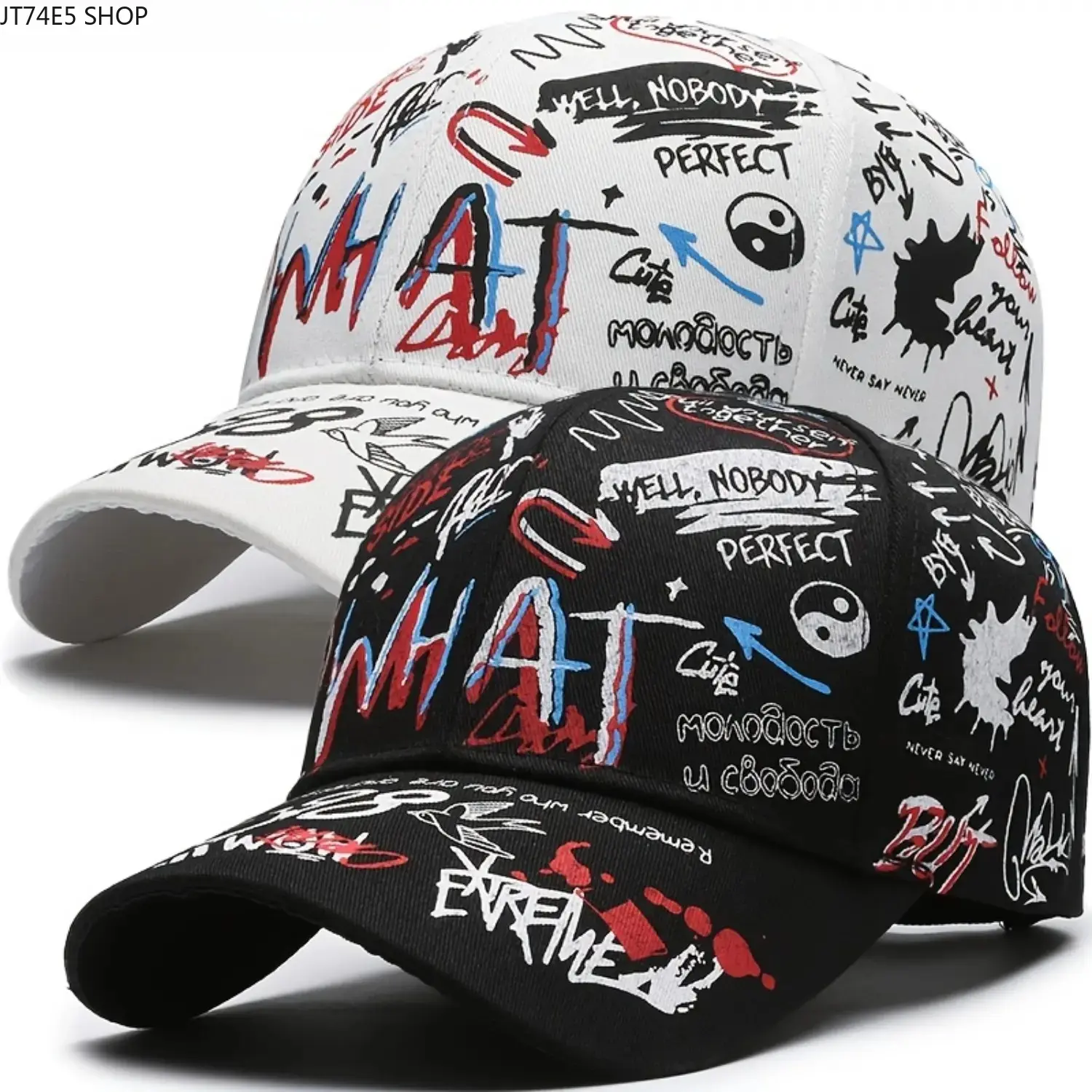 Graffiti Street Hip Hop Baseball Cap, All Over Printed Letter & Yin Yang Symbol Adjustable Sun Hat, Unisex Cotton Outdoor Sports Casual Trucker Hat for Daily Streetwear