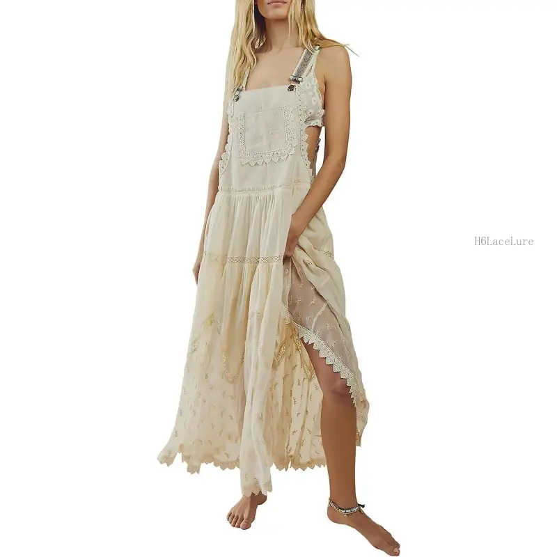 Women's Laced Embroidered Tulle Bib Dress Casual Loose Adjustable Straps Maxi DressH6LaceLure