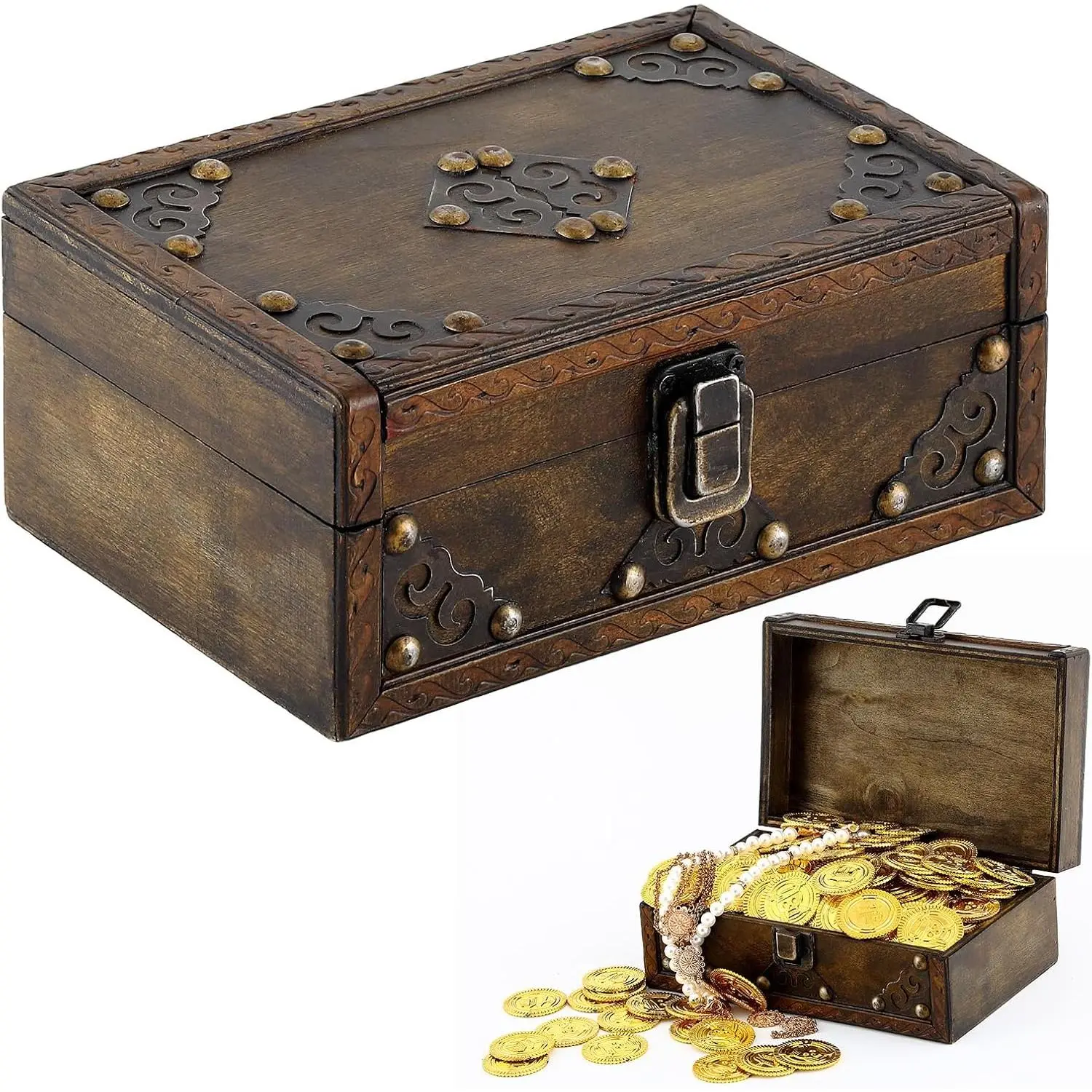 Wooden Treasure Chest 7" x 5" x 3" Vintage Pirate Chest Keepsake Box with Hinged Lid for Jewelry Storage Coins Trinkets Rustic Decorative Box for Table Home Decor