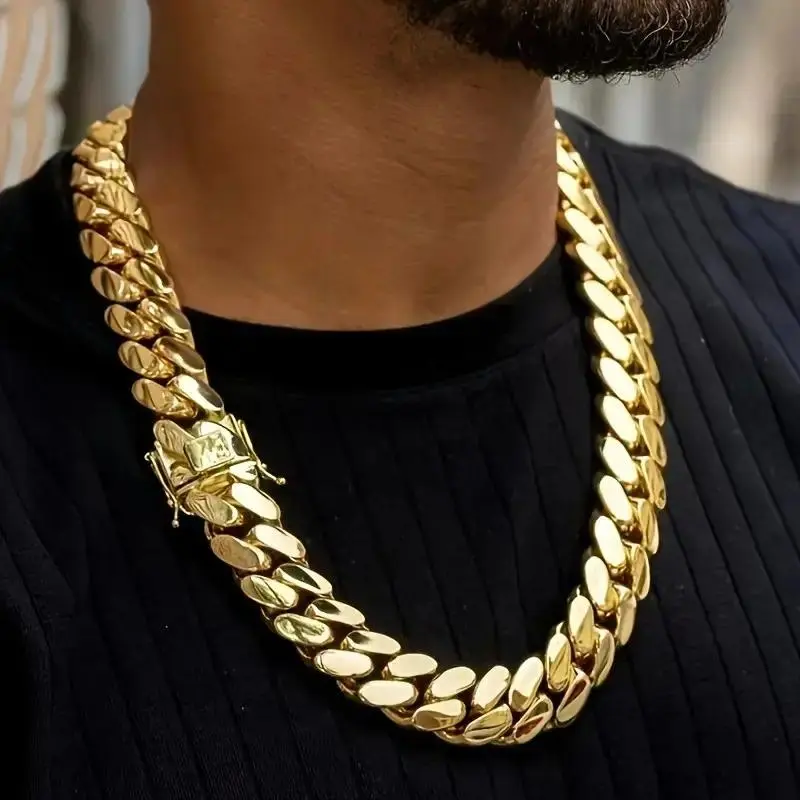 14K/18K Vacuum-gold Plated Hip Hop Jewelry Stainless Steel Miami Cuban Link Chain Necklace or Bracelet Fashion Accessory Men Women unisex Monaco italy Mexico & Micro Promise chains for Husband Boyfriend Valentines Birthday Gift