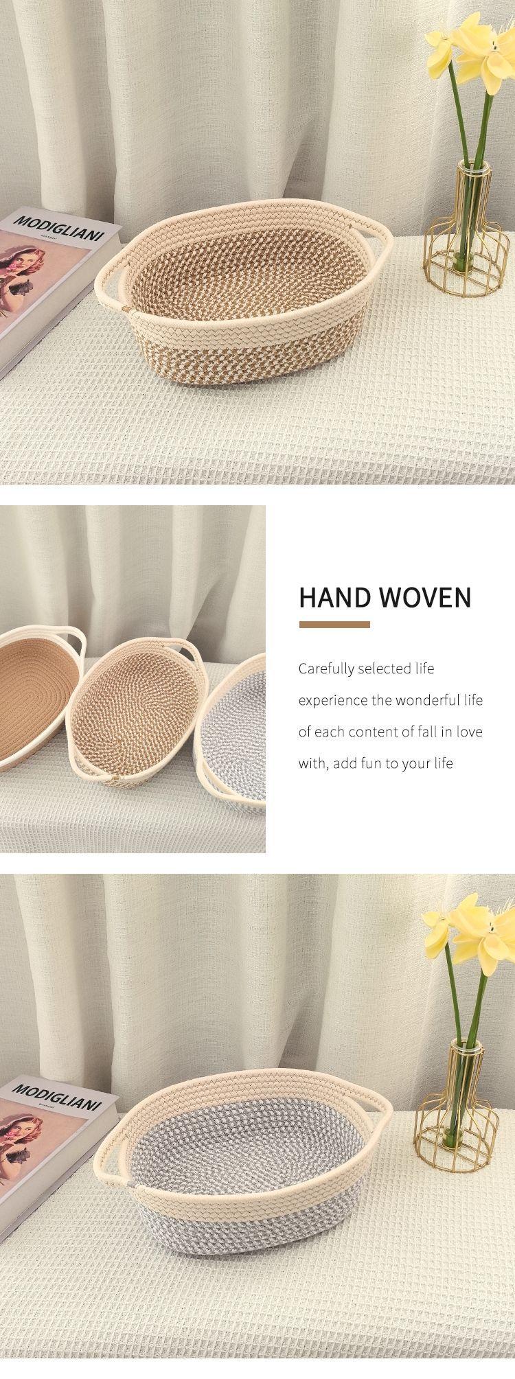 Cotton Rope Woven Storage Basket, Oval Organizer with Handle for Snacks & Toys, Portable Household Storage Bin for Living Room & Bedroom, Multifunctional Braided Storage Basket