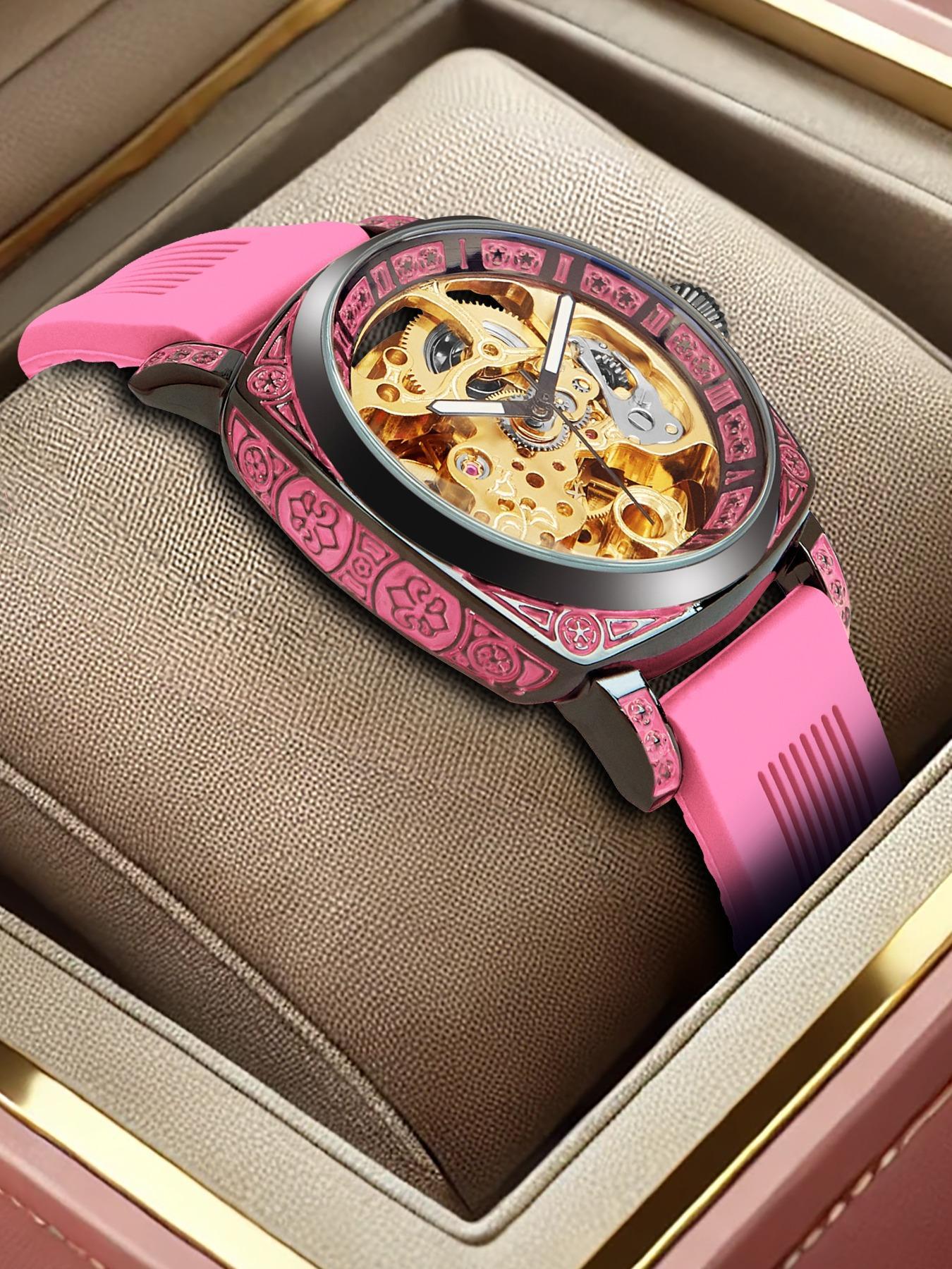 Women's Elegant Hollow Out Design Mechanical Style Watches, Fashion Round Dial Silicone Strap Watch for Party, Daily Decor, Trendy All-match & Exquisite Watch for Birthday Gift with Box