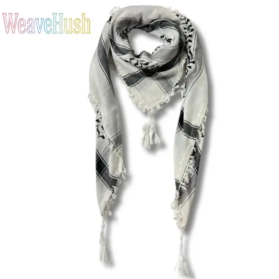 Women's Cotton Keffiyeh Scarf - 47x47in Palestinian Style Shawl with Sharshoba Embroidery, Fringe Tassels, Casual Black & White DIY Bag Accessory, Embroidered