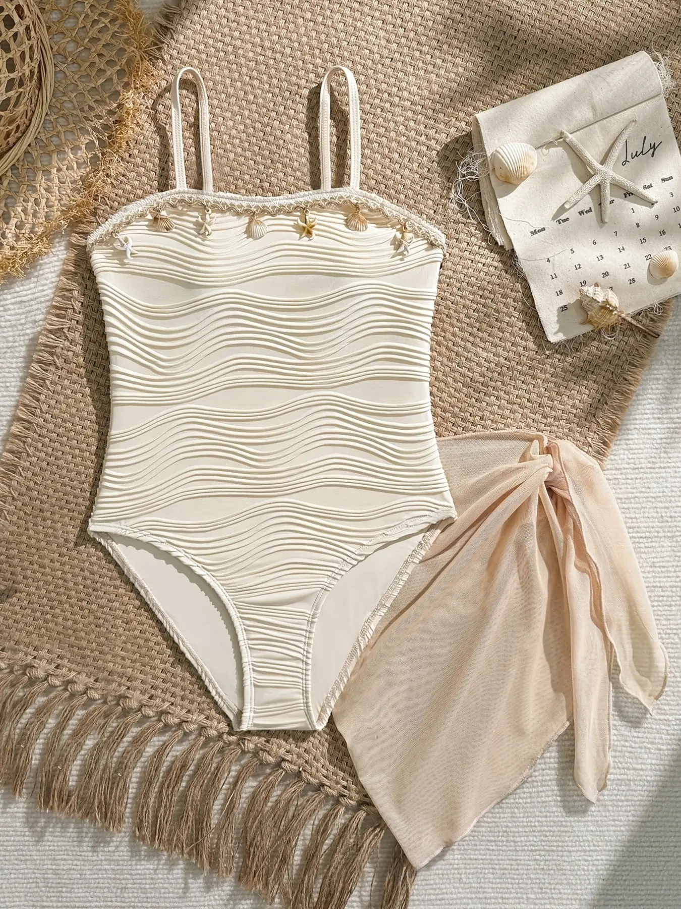 Girls' Bohemian One-Piece Swimsuit Set, Wave Shell Trim Mesh Skirt, Beach Poolwear, Summer Kids Swimwear, Ages 3+