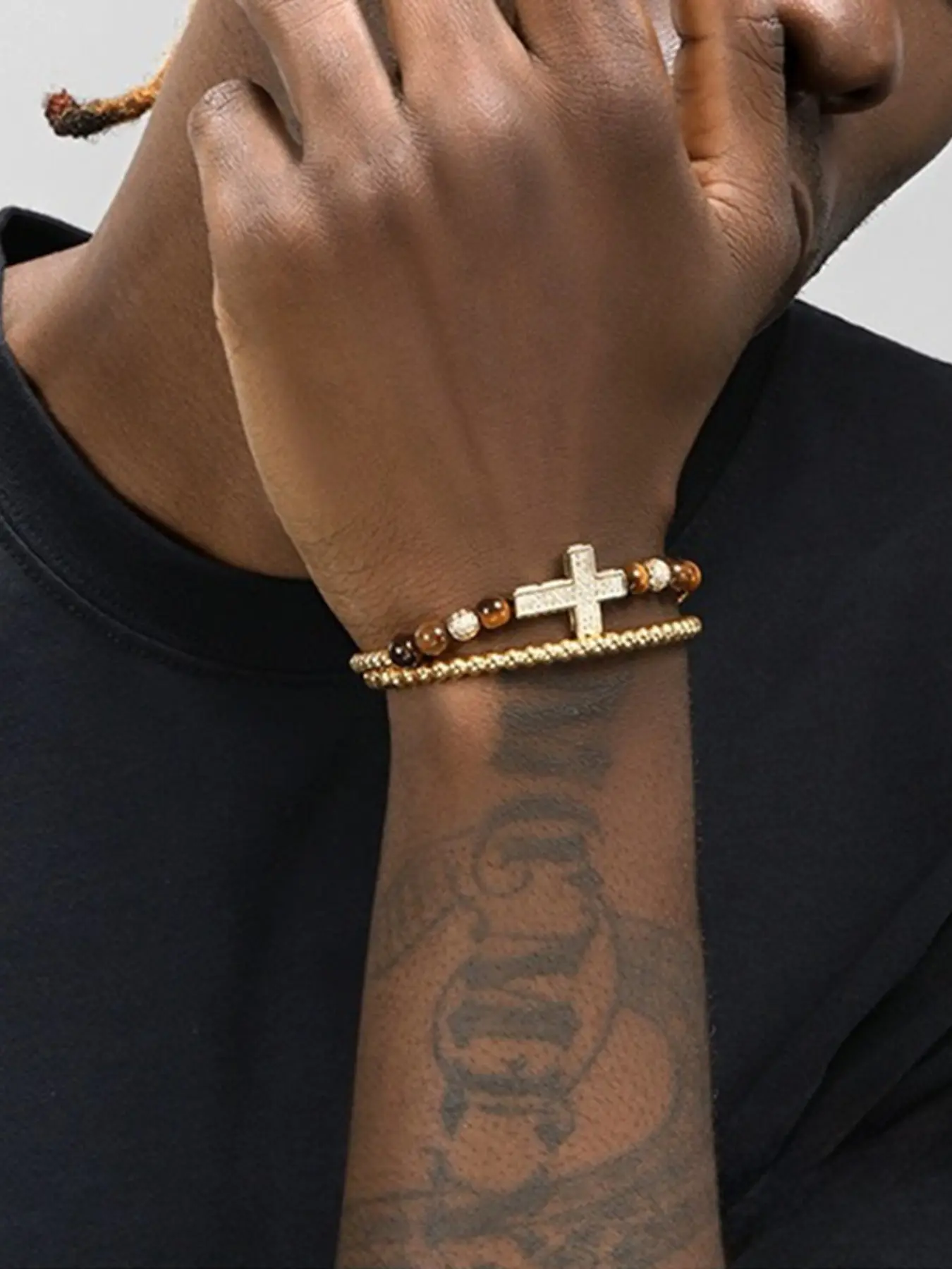 2-piece set of vintage zircon-studded cross bracelet combo, personalized high-end braided elastic bracelet for men, simple cross pendant elastic bracelet - perfect for everyday wear or as a gift